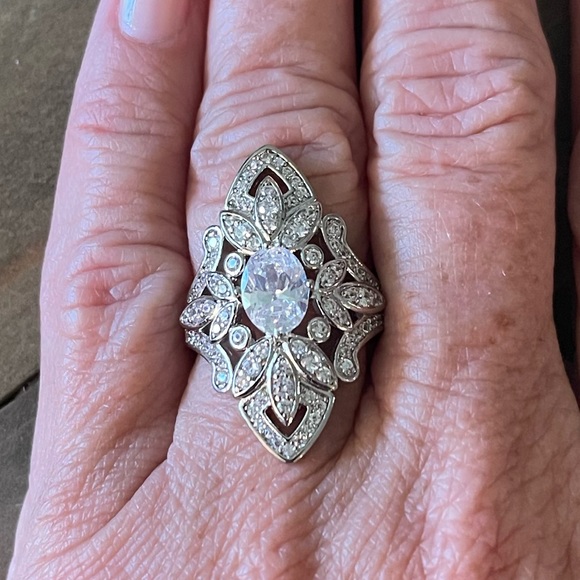Antique Vintage Inspired Cubic Zirconia, Crystal Statement Silver Cocktail Ring - Picture 1 of 13